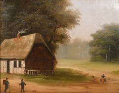UNINDENTIFIED ARTIST! LANDSCAPE WITH COTTAGE AND FIGURES.