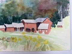 Red Barn Minimalist Art Watercolor Painting Rural Farm Scene 11×15” Country