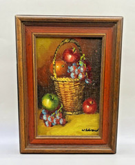 STILL LIFE Painting on Wood VTG Fruit SIGNED W. Edward Wall Art Small 7.75″x5.7”
