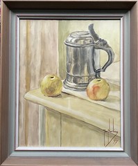 Tor Norling *1986 Still Life Pewter Jug Beer Stein Apples Wooden Chest 1947