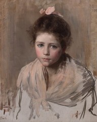 19th Century Portrait of a Young Girl Pink Shawl & Bow by SIR SAMUEL LUKE FILDES