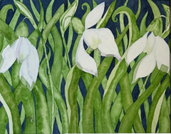 PAINTING WATERCOLOR ORIGINAL ART SNOWDROP FLOWERS WHITE BLUE 11 X14 MAT 16X20