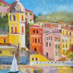 YARY DLUHOS Vernazza Italy Cinque Terra Sea Harbor Village Original Oil Painting