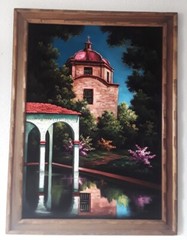 Large Vtg Landscape Water Mexican Spanish Church Black Velvet Framed Painting