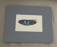 Matted and Signed Hand Painted Blue Butterfly with Leaves on Feather 2002 New!