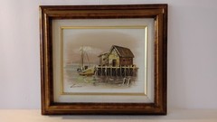 NICELY FRAMED ORIGINAL JOHN LUINI OIL ON CANVAS SEASIDE FISHING VILLAGE PAINTING