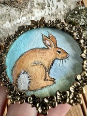 Original Art Watercolor Painting Small Pewter Frame Bunny Rabbit Illustration