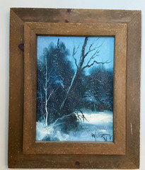 WINTER FOREST SCENE original oil on canvas Painting 15″ x 11″ 1981 + Wood Frame