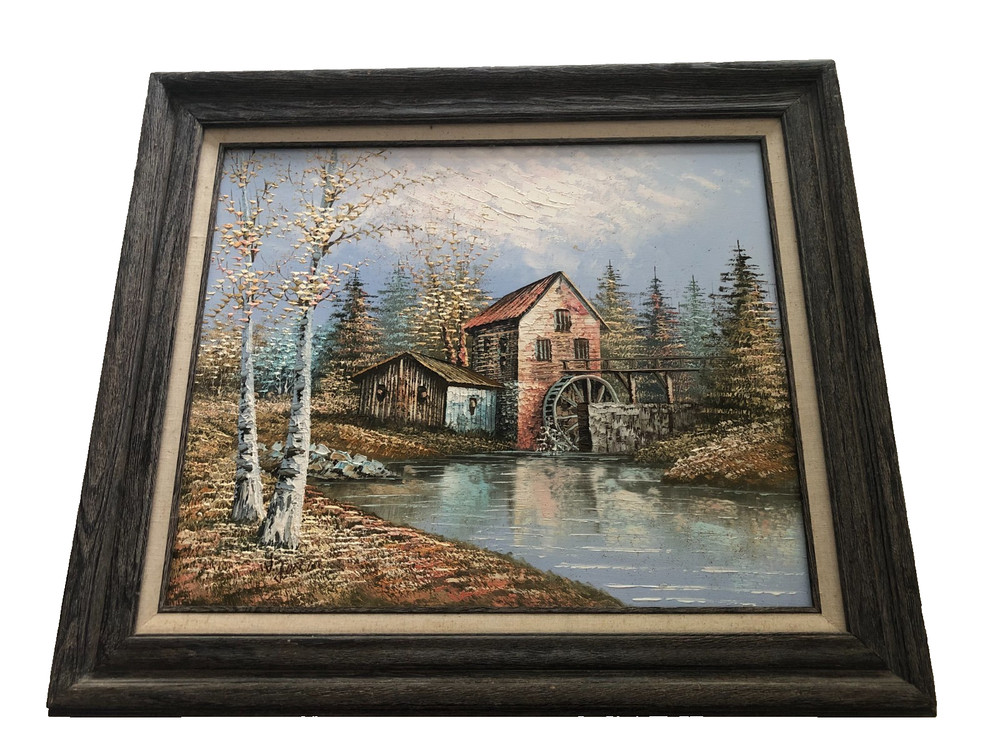 Vintage oil on canvas watermill signed W Jones in distressed style frame 27×31