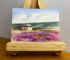 ACEO Original Watercolor Painting Lavender Field Cottage Meadow Landscape OOAK