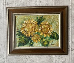 Vintage Mid-Century Sunflower Oil Painting Signed Dmhen Framed 21.5×17.5”