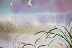 Beautiful Vintage Painting of Ducks Flying over Lake w. Long Grass Signed, Fine!