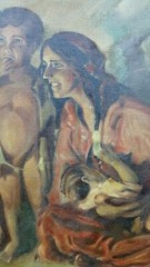 Large WPA style painting Romany traveler family framed signed Sam Sunshine 1933