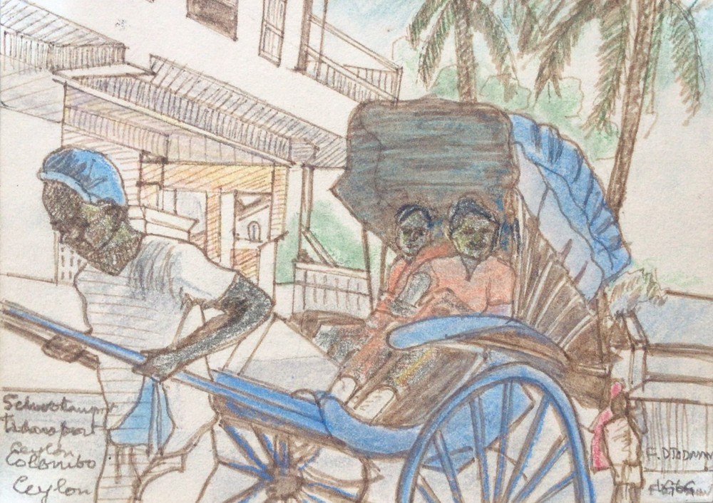 Carriage Ceylon Sri Lanka Pastel Painting Vintage Art 8×5.25 in 1969 F.D. Todman