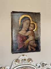 Antique Cusco School Peru Oil Painting “Madonna With Child” 25.5 X 33 Inches