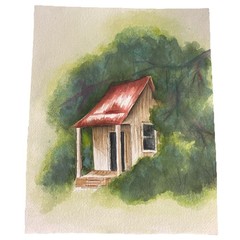 Cabin In The Woods Watercolor Painting Unsigned Mat & Frame New OOAK Artist Art