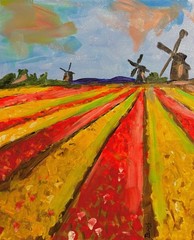 Tulip Field Windmill Painting Original 11×14 Pop Art Landscape Colorful Wall Art