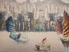 Vintage Hong Kong China Harbor Oil Painting On Canvas By John Ho 24 x 20 x 1