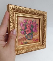Pink Roses Bouquet Original Oil Painting Framed Still Life in Bronze frame 4×4″