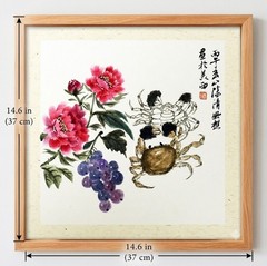 Original Chinese Ink Painting Peonies Grapes & Crabs 13in Signed Asian Art