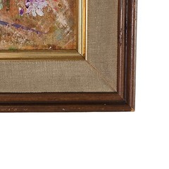 MCM Floral Painting Pink Flowers Still Life Oil on Board C. 1960 Signed Connell