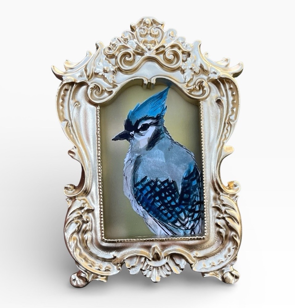 Blue jay mini watercolor bird print of original painting • vintage ornate frame