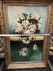Victorian Aesthetic Water Lily Floral Still Life Oil Painting Gilt Gesso Frame