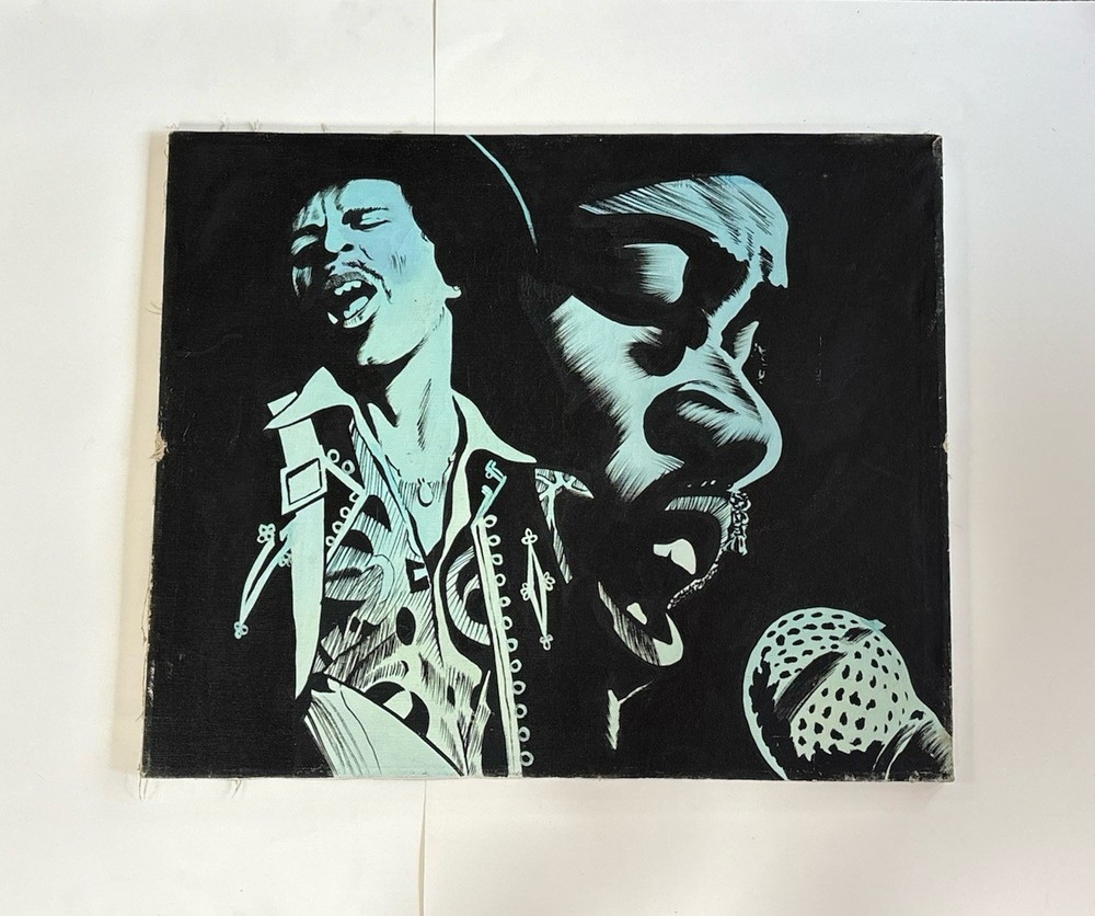 Vintage Original Jimmy Hendrix Painting ROCK N ROLL Guitar Musician Portrait ￼￼