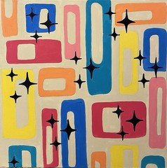 Three Canvases Painted In Acrylic In Mid Century Style Modern Colors