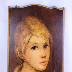 Vtg Painting Wood Plaque Girl With Christmas Holly 1970’s Realism OOAK