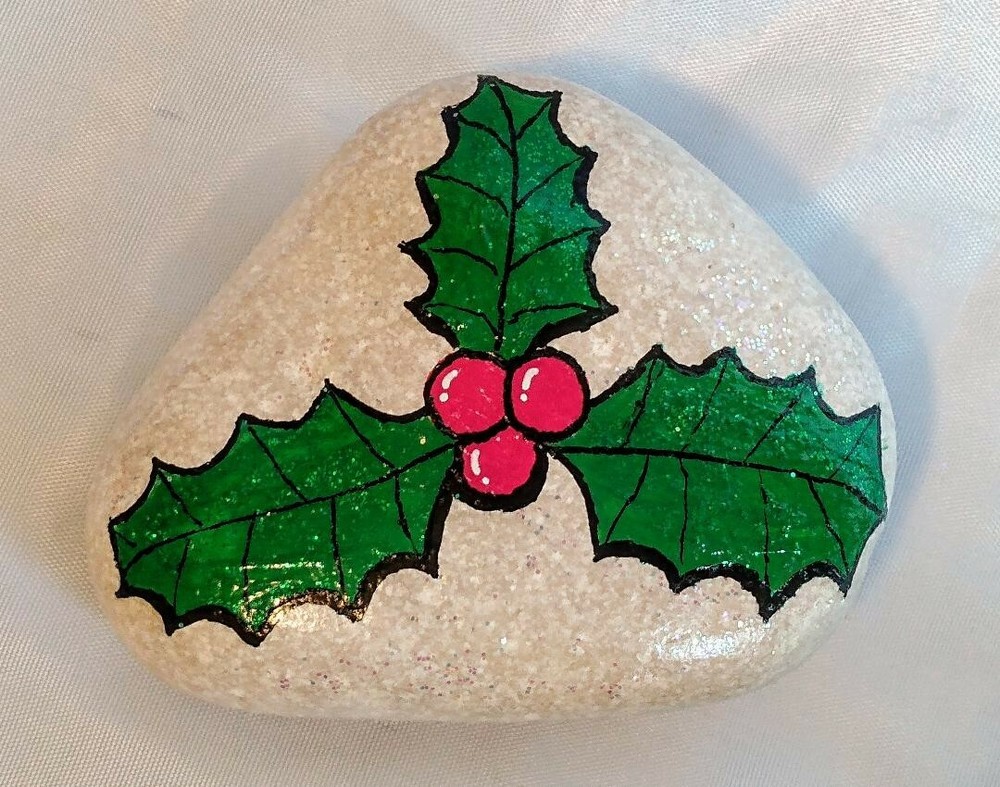 Hand Painted Rock ~ Christmas ~ Holly Leaves w/ Glitter Gloss