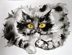 Black cat art,Original watercolor painting signed,Black Persian kitten,pet love