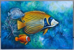 Tropical Angelfish Reef Original Acrylic Painting Signed Large 24×36 Canvas EXC