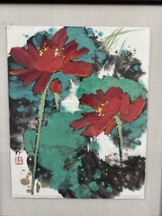 Original Chinese Watercolor Of Bold Red Lotus Flowers Artist signed 32.5”x27.5”