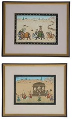 Framed Bundi School Paintings Rajasthan Royal Procession Set of 2 overall 14X12″