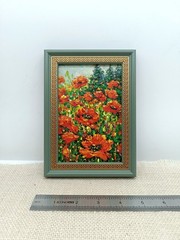 Original Oil Painting Summer Landscape Wildflowers Red Poppies Signed 4×6