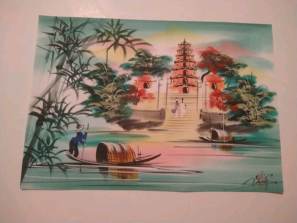 Asian Temple Painting On Fabric, Mounted And Signed 18 X 14 Inches