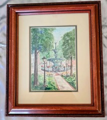 Carolyn Lopez Water Color Plein Air Painting Lady and Fountain, framed by Artist