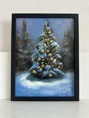 Oil Painting Christmas Tree In Winter Landscape Wall Art Gift 18x24cm The Tree