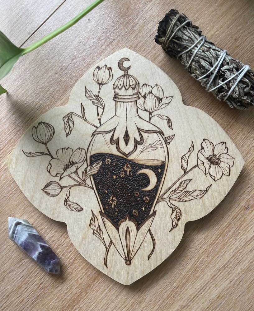 Star filled potion bottle Wood burning OOAK Witchy CalicoCallieInk floral art