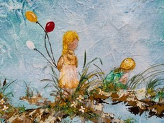 CHILDREN GIRLS 2 SISTERS VINTAGE ORIGINAL PAINTING CIRCLE / STYLE OF DAVID BOYD