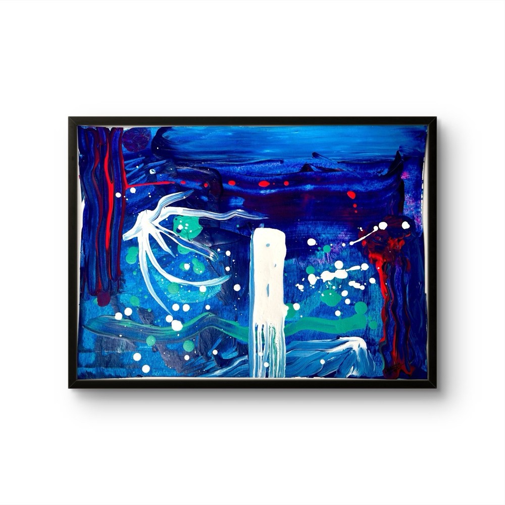 Midnight Oasis Original Abstract Painting 11×15 Tropical Art Blue Palm Coastal