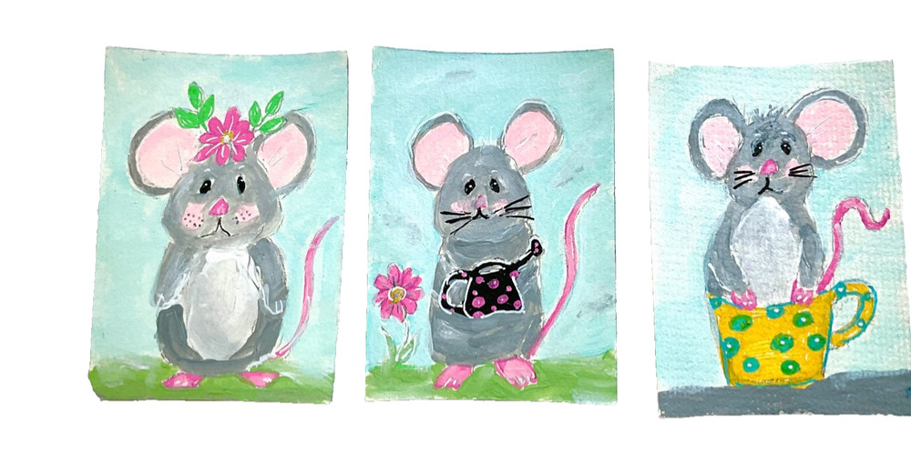 ACEO Original mouse mice series cut bundle bulk 3 piece ATC OOAK Cherie Donnell