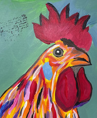 Barnyard King Rooster Chicken Original Art 14×11 Painting Canvas Signed Decor