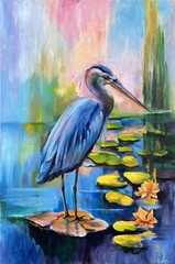 Original painting oil, 20×30 inch, Heron with Lilies, Wall Art Decor, Home Gift