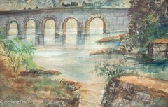 Antique English Painting of Medieval Stone Castle Ruins at Sunset, Framed White