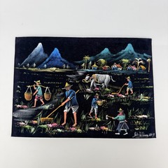 Vintage 1967 Jet-W. Wang Asian Village Water Buffalo Velvet Artwork Signed Set 2