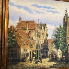 Antique Original Oil Painting: Bustling Dutch City Signed S. Hof ? Framed
