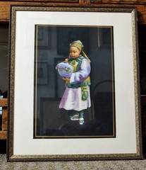 Orig Signed Watercolor by Esther Hunt: Chinese Girl Lighting a Lantern c 1901/05