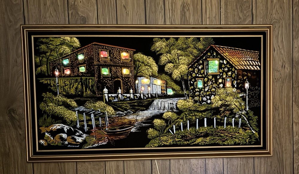 VTG Black Velvet Painting With Back-Lighted Windows 53×29” Signed “Ashbrook”1972